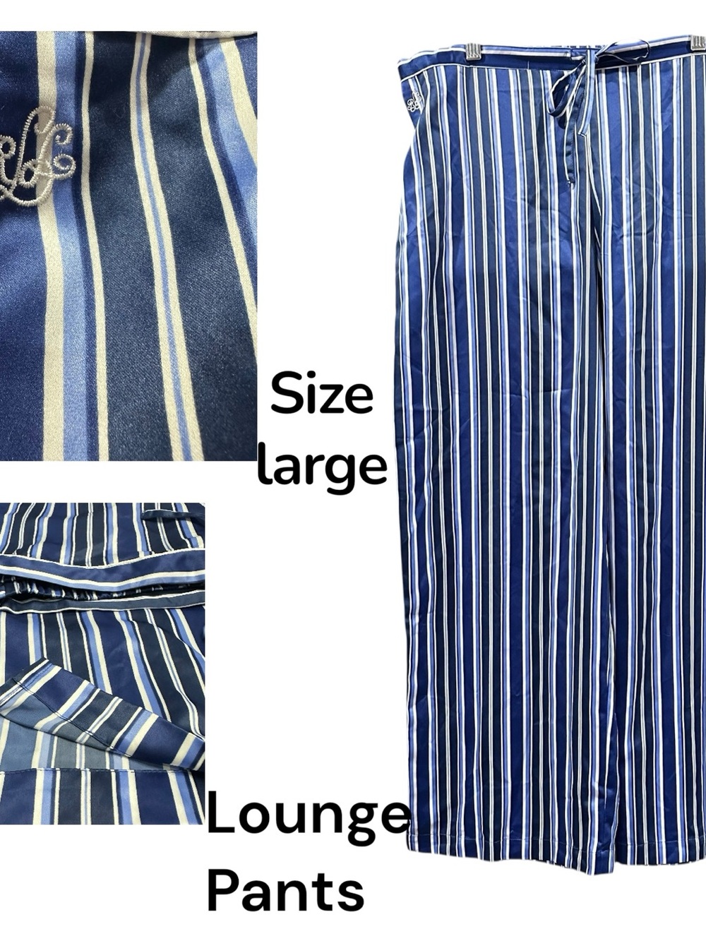 Ralph Lauren Blue White Striped Pajama Lounge Pants Women’s Large NWT Drawstring